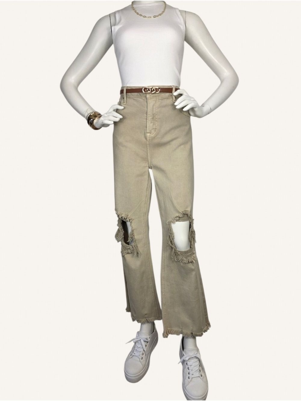 Risen NWT Taupe Distressed Crop Jeans High Rise Raw Hem 0/24